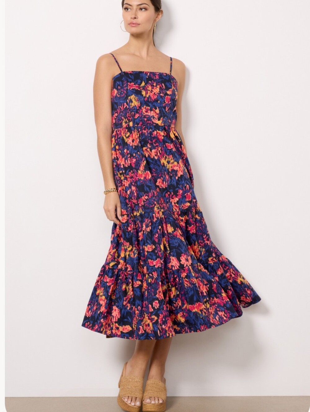 Evereve Navy Maxi Dress with Bright Pink & Yellow Floral Print - Size Small